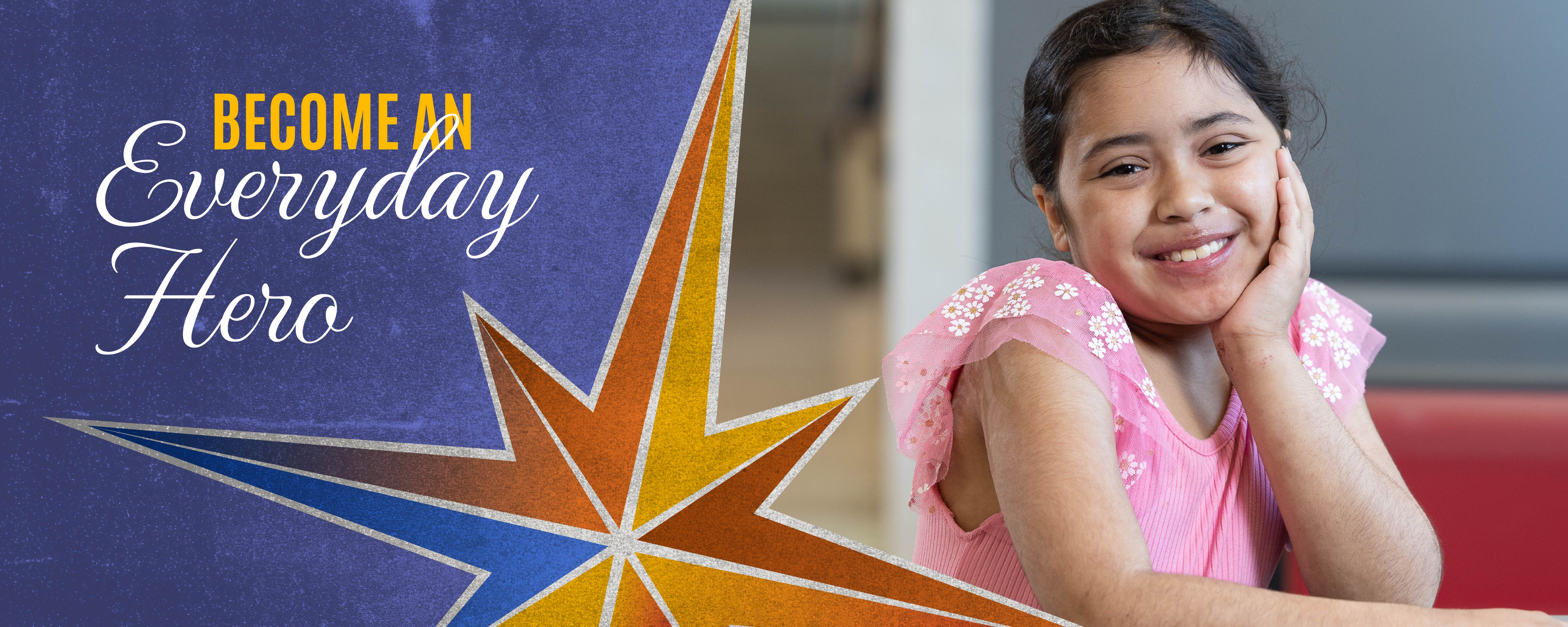 Youth seated indoors beside text reading ‘Become an Everyday Hero’ with a colorful starburst graphic on a blue textured background.”