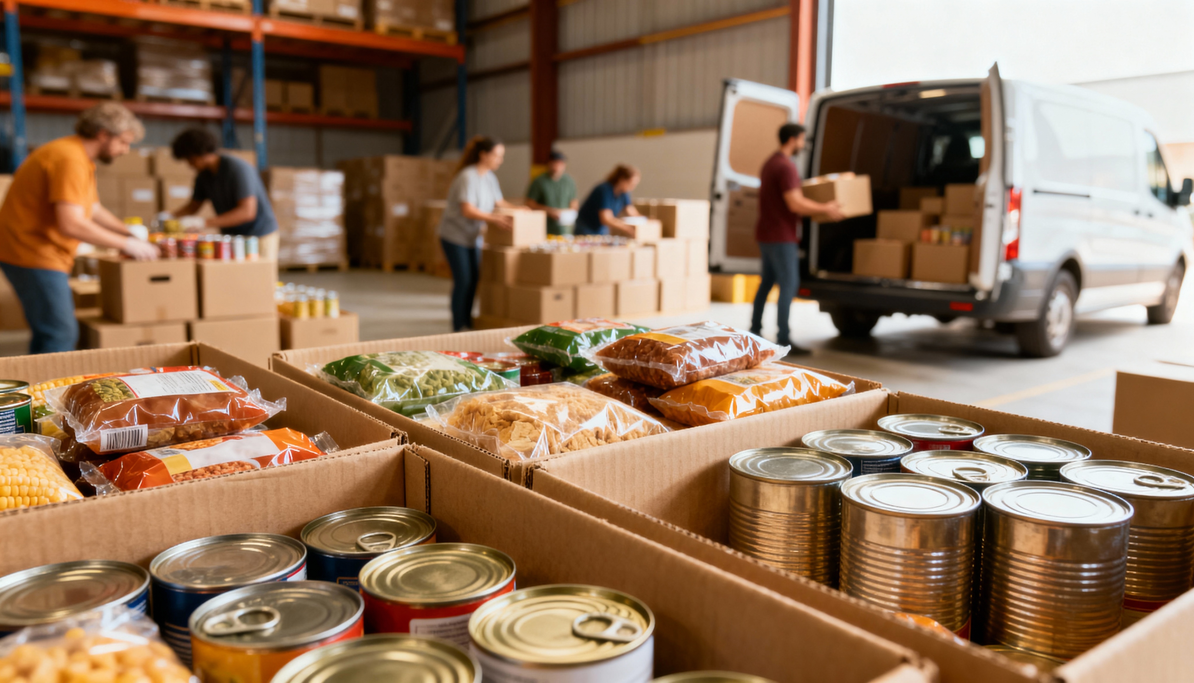 Volunteers in a warehouse packing boxes of food supplies, including canned goods and packaged items, while loading boxes into a van